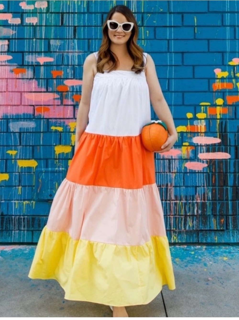 English Factory Colorblock Tiered Maxi Dress - White, Orange, Blush & Yellow